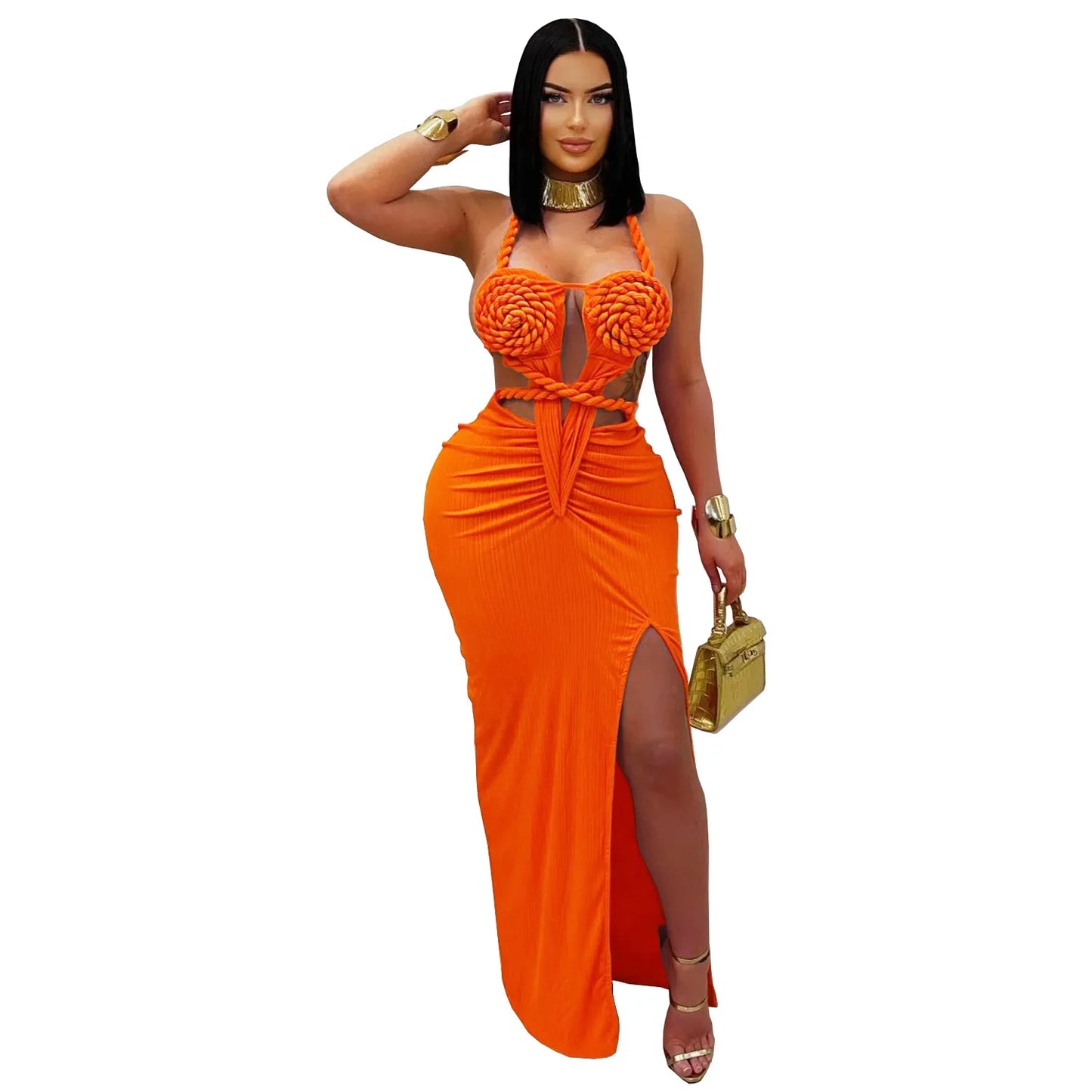 Bohemia Knitted Women Maxi Dress 2025 Summer Halter Lace Up Backless Split Sheath Vestidos Beach Vacation Robe