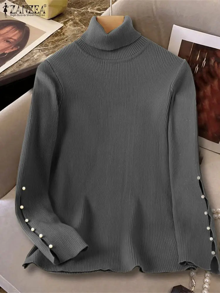 Women Casual Turtleneck Ribbed Sweaters Korean Fashion Long Sleeve Solid Pullovers Autumn 2024 Chic Sleeve Slit Jumpers