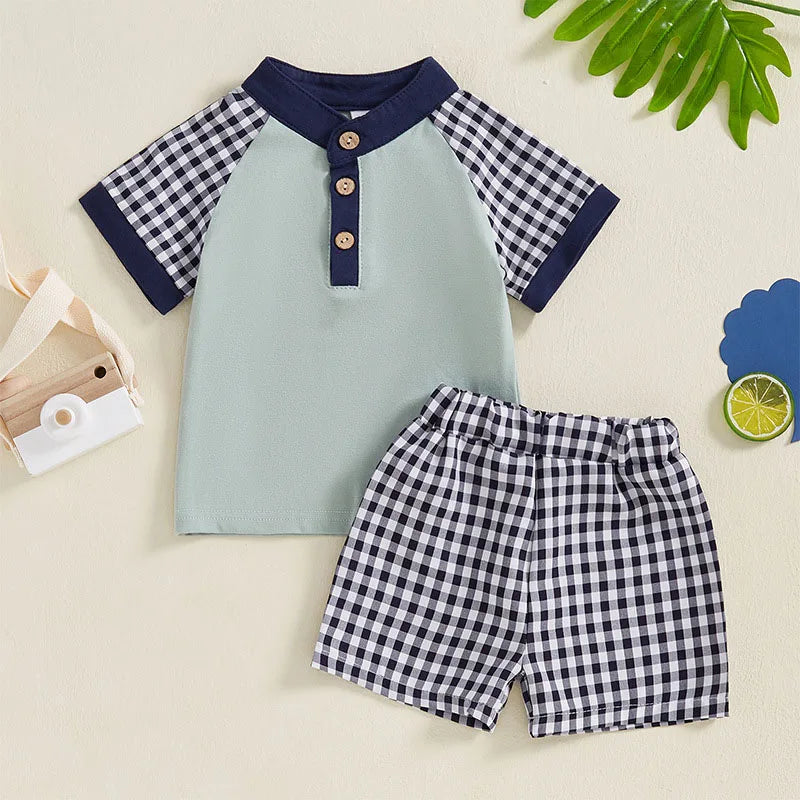 New Summer Kids Clothes Set Boys Girls Cute Patchwork Tops + Grid Short Children Casual Suit 2PCS 1-3Y Unisex
