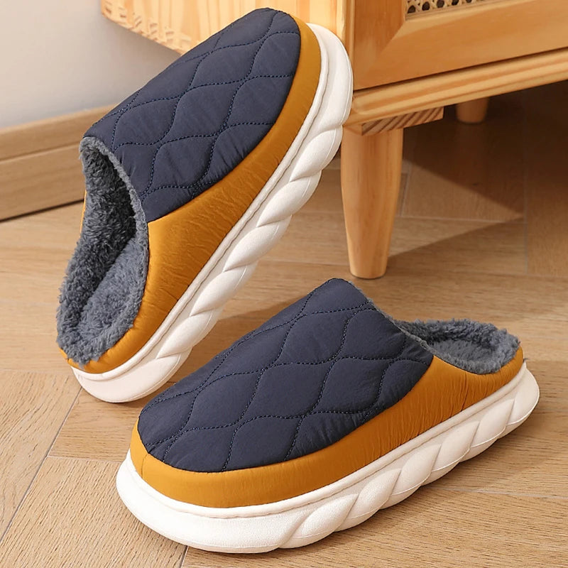 Men's Warm Plush House Slippers Indoor Anti-slip Winter Fluffy Slides With Waterproof Short Plush Male Cotton Shoes