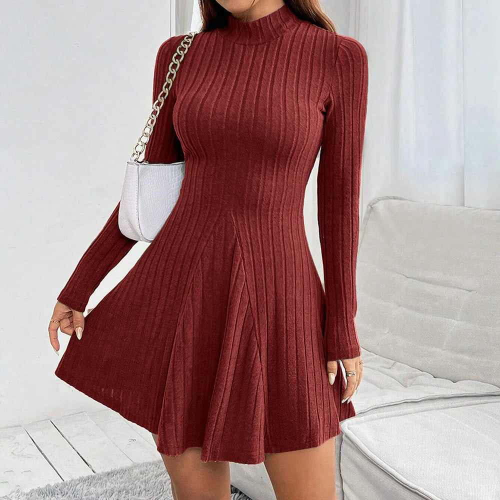 Women's Dresses Fall Winter Simple Solid Colour Long Sleeve Mock Neck A Line High Waisted Flare Hem Casual Short Dresses