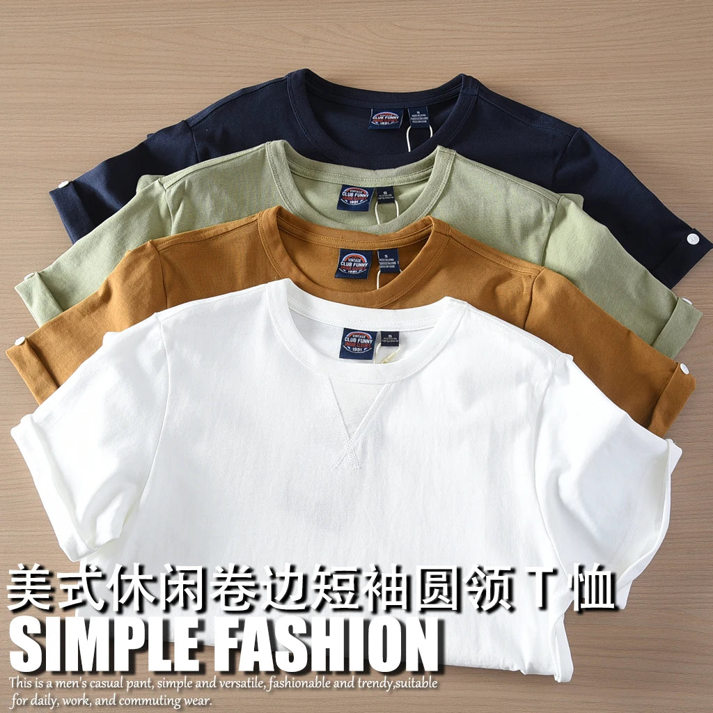 2025 Zomer Nieuw Amerikaans Retro Korte Mouw O-hals Effen Kleur T-shirt Heren Eenvoudige Mode 100% Katoen Gewassen Casual Jeugd Tops