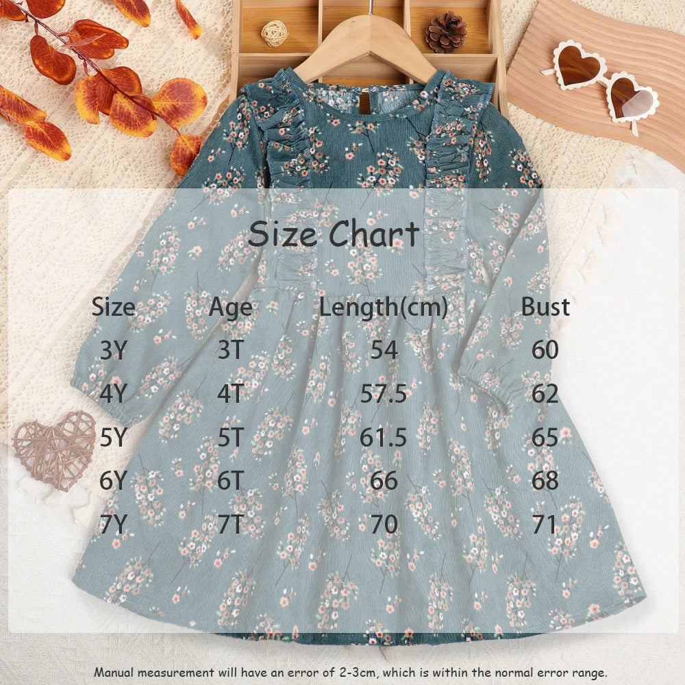 New Autumn Kids Dress 3-7T Girls Sweet Printing Floral Clothes Children Long Sleeved Thin Style Princess Dress