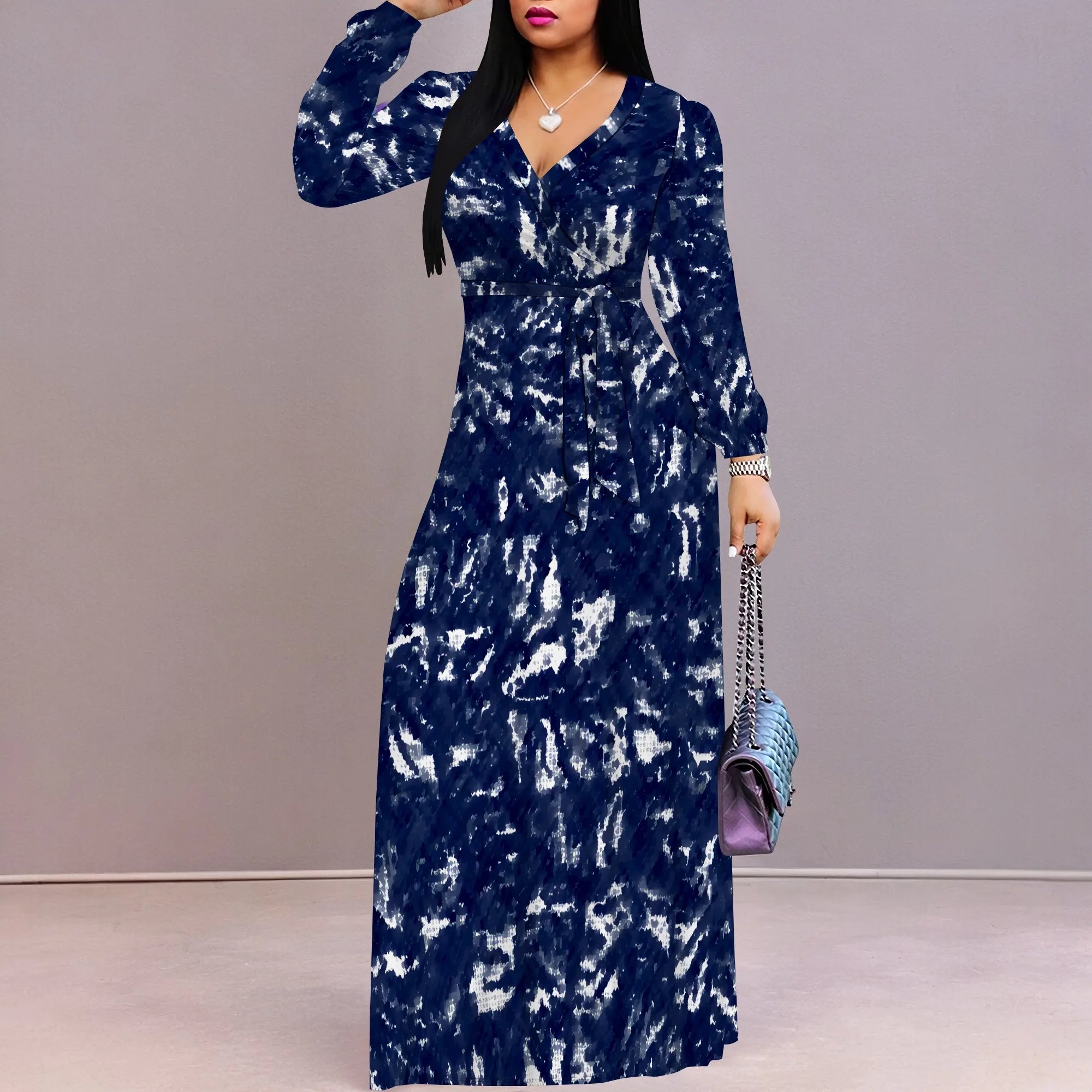Tie-Dye V-Neck Long Sleeve Maxi Dress Women Casual Boho Fall Holiday Outfits