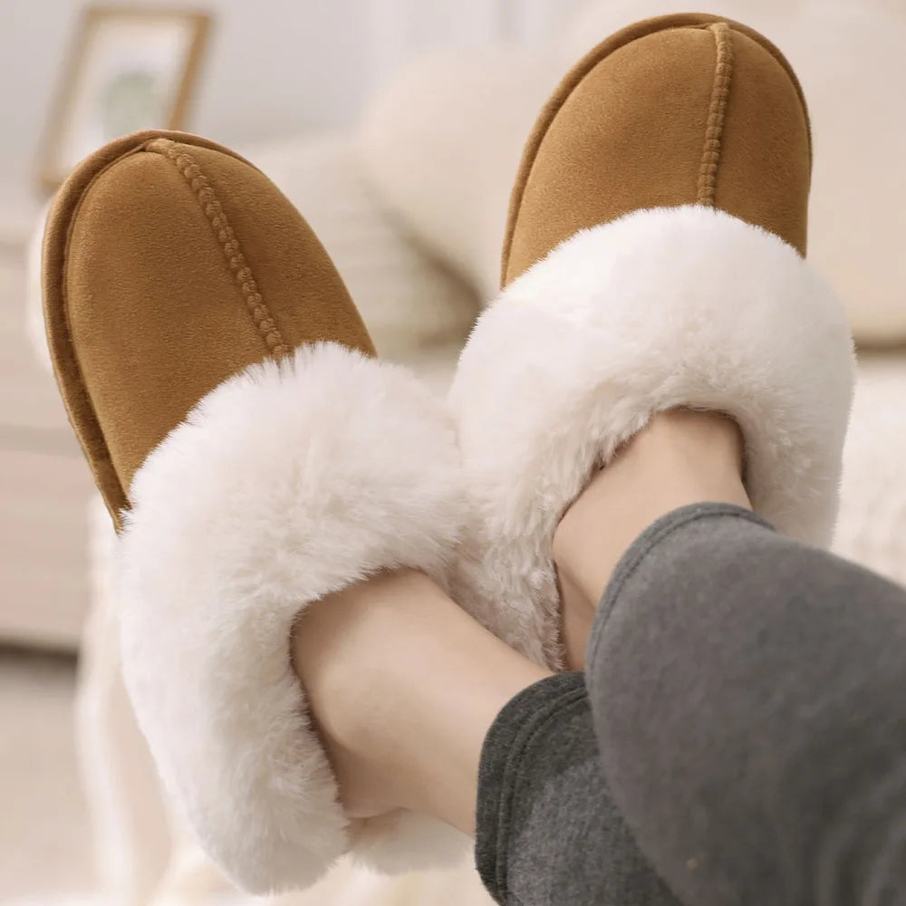 Women's Winter Warm Fluffy Faux Fur Suede Shoes For Indoor and Outdoor Use Fuzzy Slides Fur Slippers For Ladies