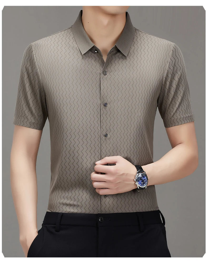 Men's Summer Lapel Shirt, Slim Fit Short-Sleeved, Fashion Dark Pattern Knitted Fabric Polo Shirt
