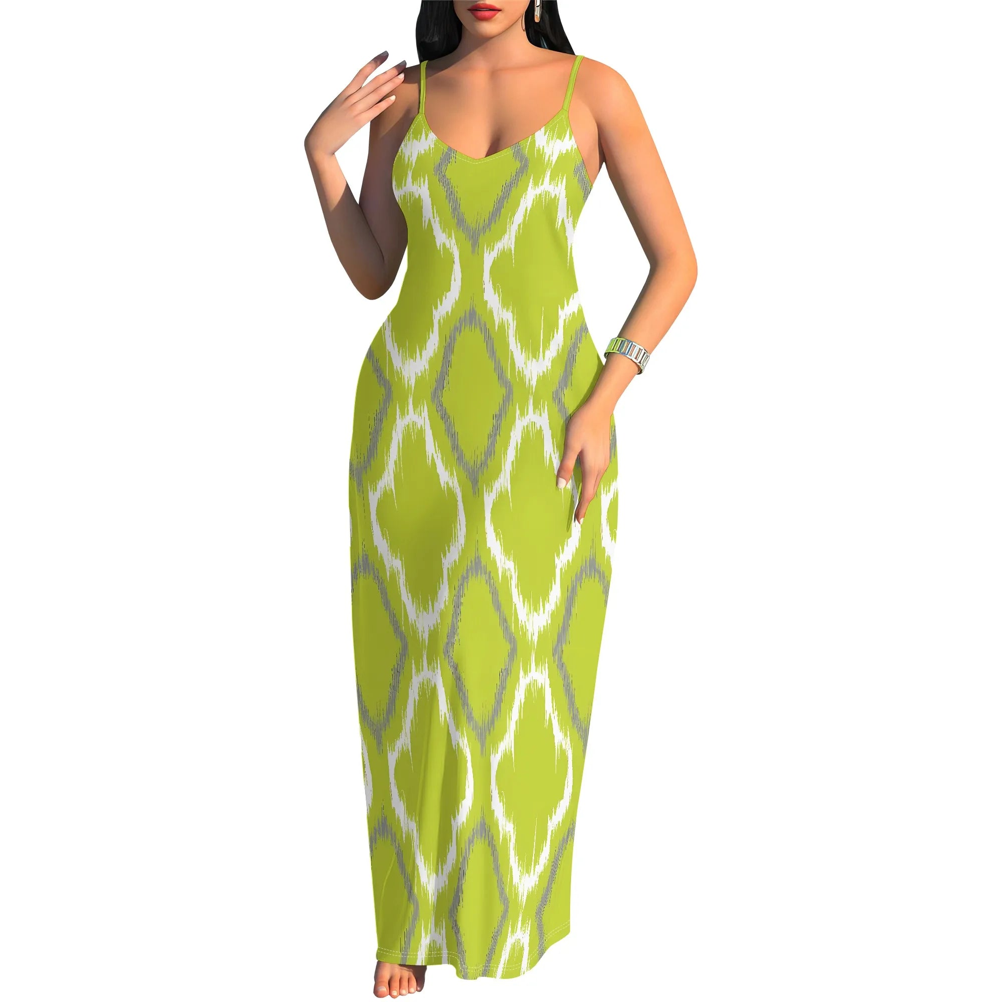 Yellow Ikat Print Sleeveless Maxi Dress for Women Summer Casual Slim Fit Beach Long Dress