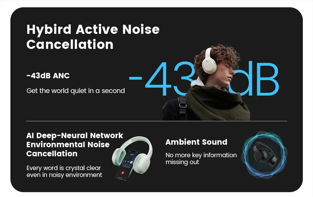 Edifier W820NB Plus Wireless Noise Cancelling Headphones 43dB ANC Hi-Res LDAC Codec 49hrs Playtime Over-Ear Bluetooth Headset