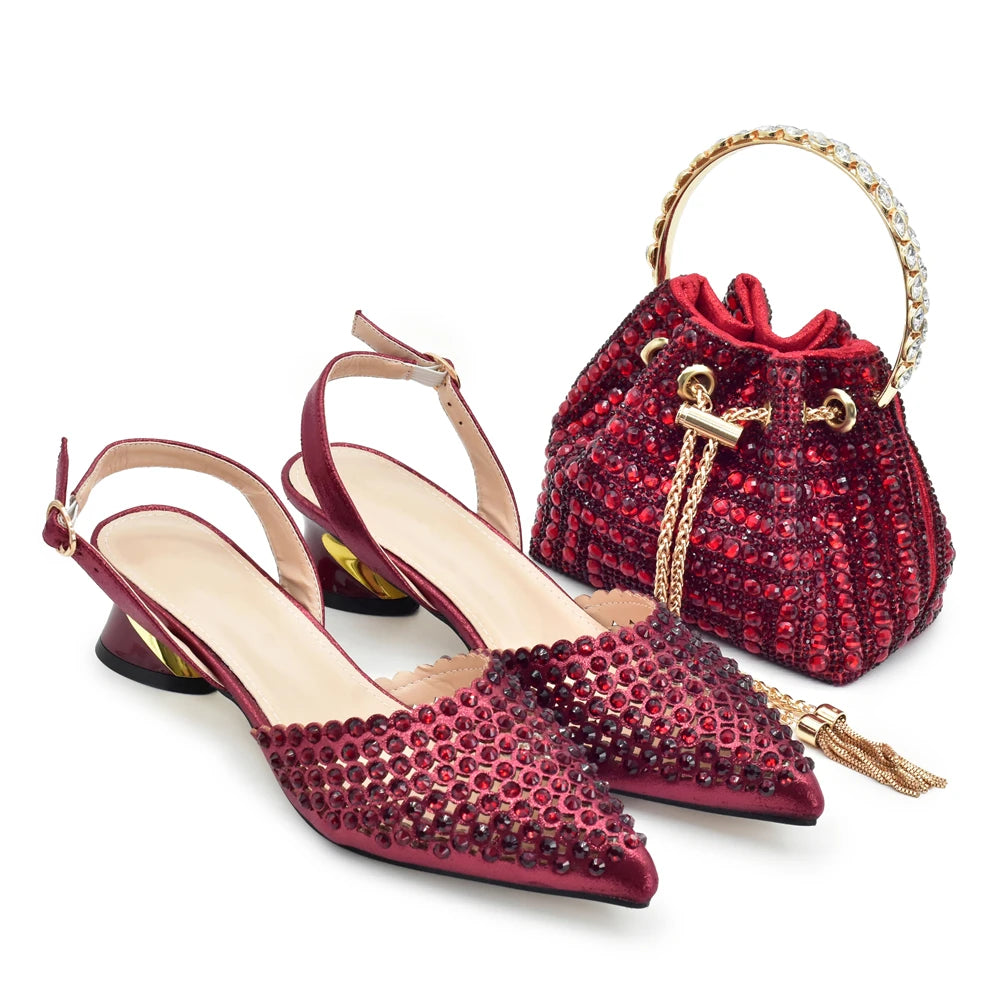 Italian Shoes with Matching Bags Set Rhinestone-Decorated with Medium Heels  for African Ladies' Party Pumps