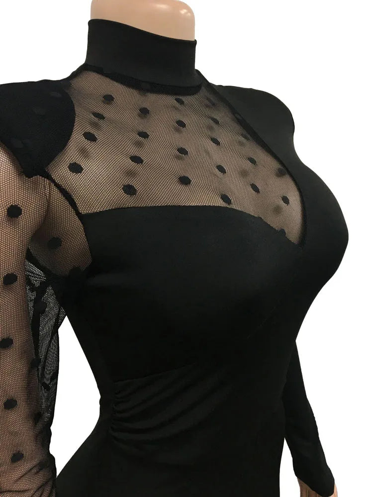 Women Dot Mesh Patchwork Long Sleeve Straight Jumpsuit