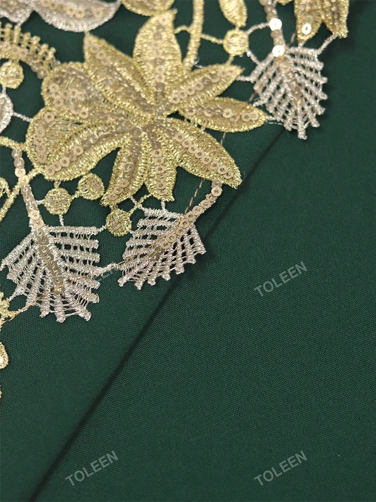 Women's Plus Size Sequin Embroidered Woven Belt Split Hem Dresses Luxury Elegant Arabian Formal Party Evening Dresses