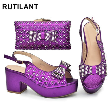 Fashion Italian Shoes and Bags Matching Set Decorated with Rhinestone Wedges Shoes for Women Wedding Shoes Bride Platform Heels