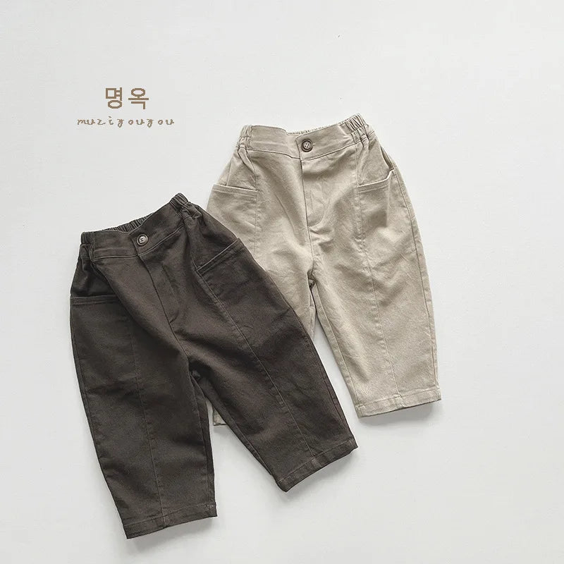 2025 Spring New Children Loose Trousers Toddler Pocket Casual Pants Infant Boys Girls Solid Versatile Harem Pants Kids Clothes Unisex