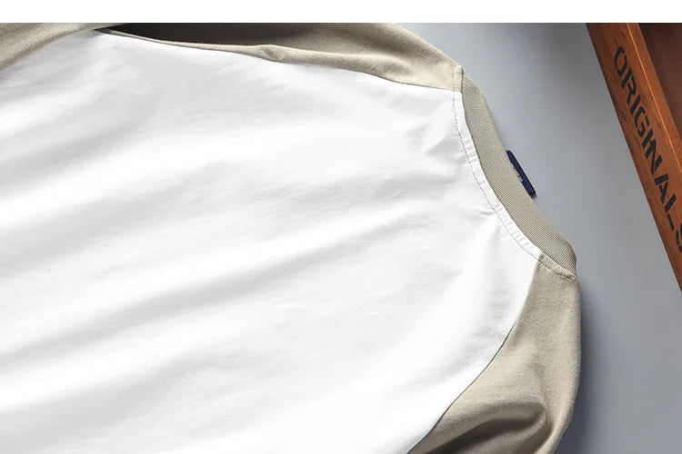 Autumn New American Retro Long Sleeve O-neck Contrast Splicing T-shirt Men's Fashion 100% Cotton Washed Old Casual Sport Tops