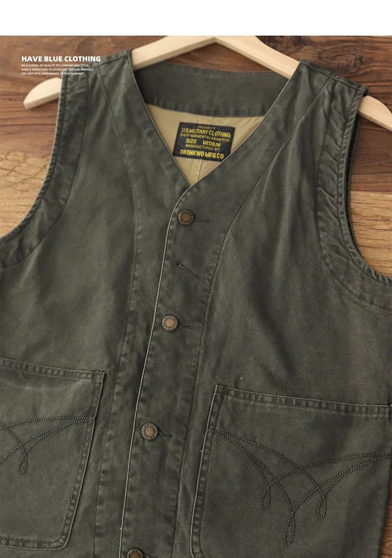 2024 Autumn New American Retro 12OZ Denim Cargo Vest Men's Simple 100% Cotton Washed Old Casual Multi-pocket Waistcoat Jacket