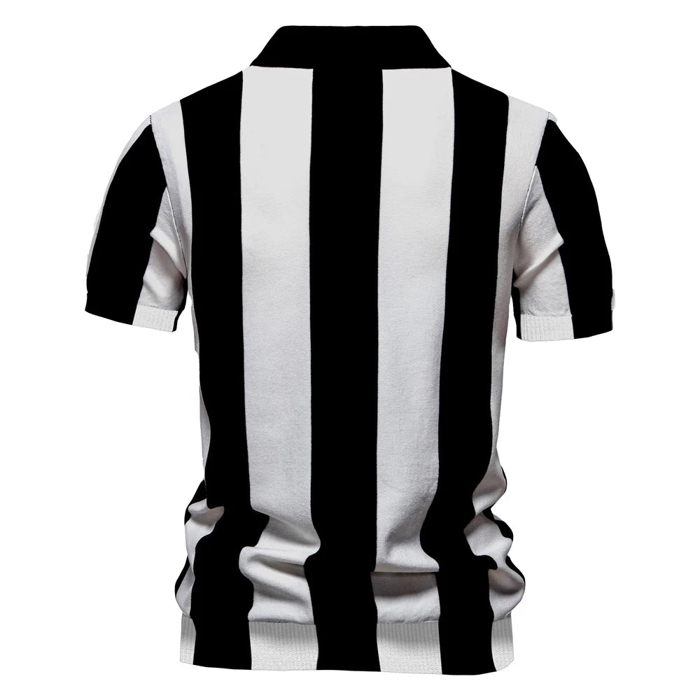 Men's Summer Breathable And Striped Contrast Panel Polo Shirt - Casual Short-Sleeve Knit Shirt With Comfort Fit