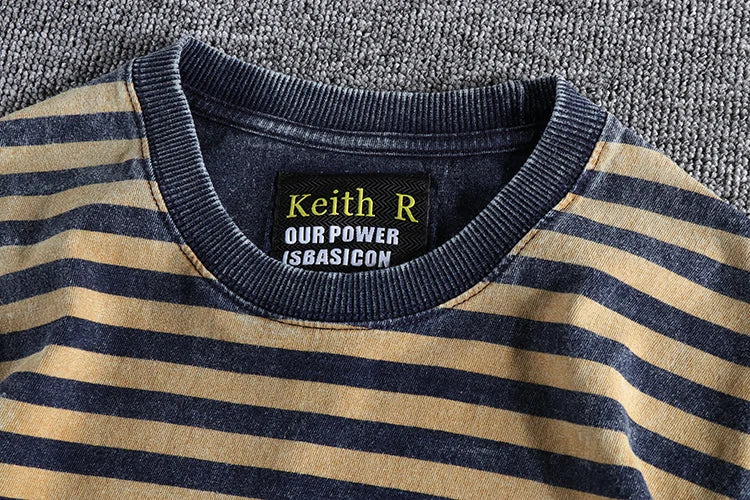 Summer New Japanese Retro Short Sleeve Striped T-shirt Men's Fashion 100% Cotton Slim Simple Round Neck Washed Old Casual Tops