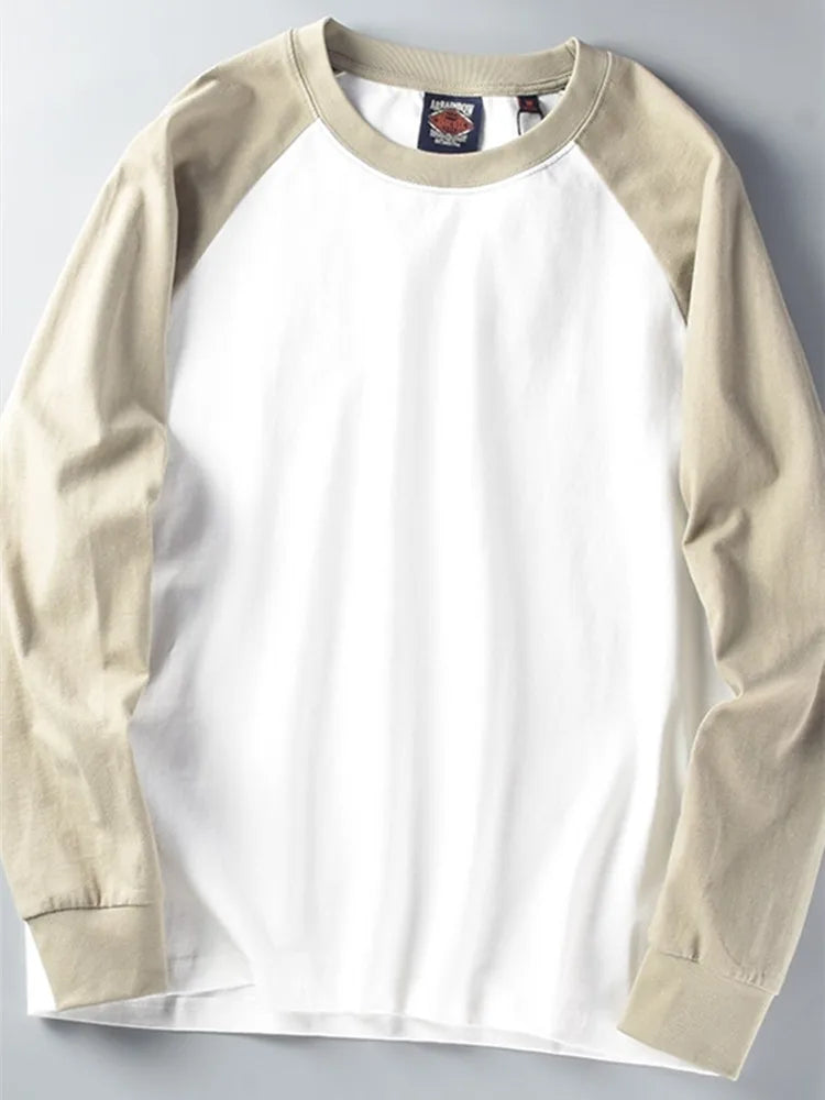 Autumn New American Retro Long Sleeve O-neck Contrast Splicing T-shirt Men's Fashion 100% Cotton Washed Old Casual Sport Tops