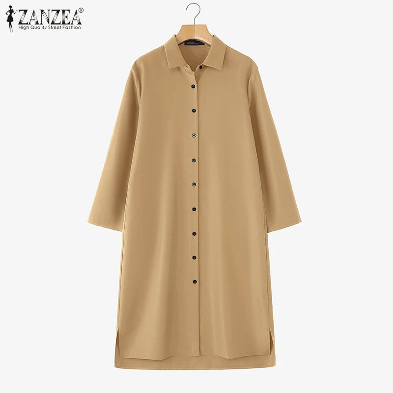 2025 Fashion Autumn Shirt Dress Women Lapel Neck 3/4 Sleeve Sundress Casual Loose OL Work Dresses Button Midi Robe Kaftan