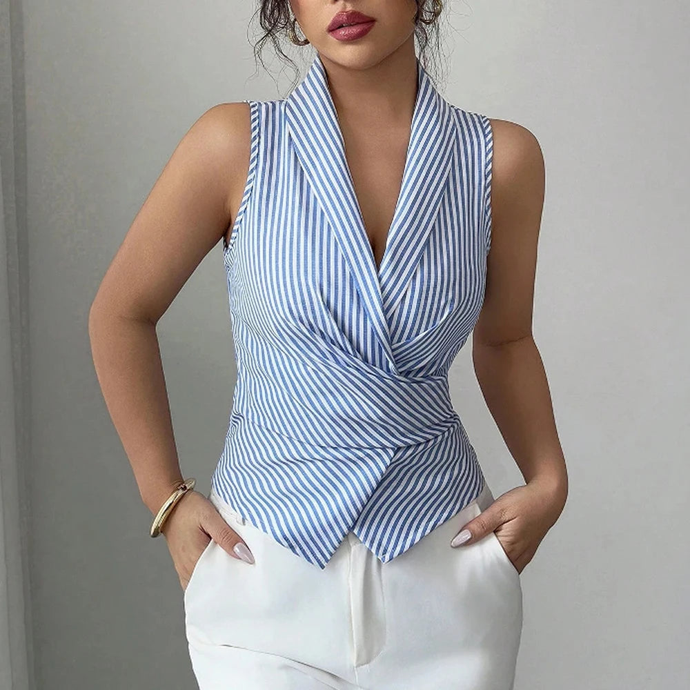 Hemden Frühling Sommer Passform Slim Fashion Streifen Eingeklemmte Taille Ärmelloses Revers Bürodame Hemden Für Frauen