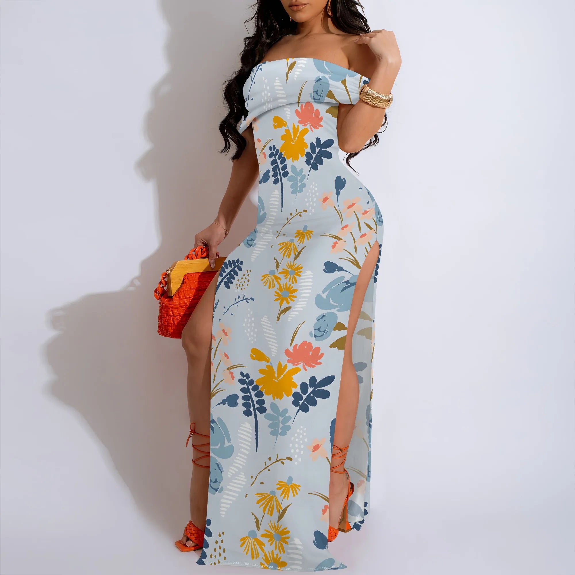 Lily Floral Off-Shoulder High Slit Maxi Dress - Women's Fresh Elegant Party Evening Resortwear Date Night