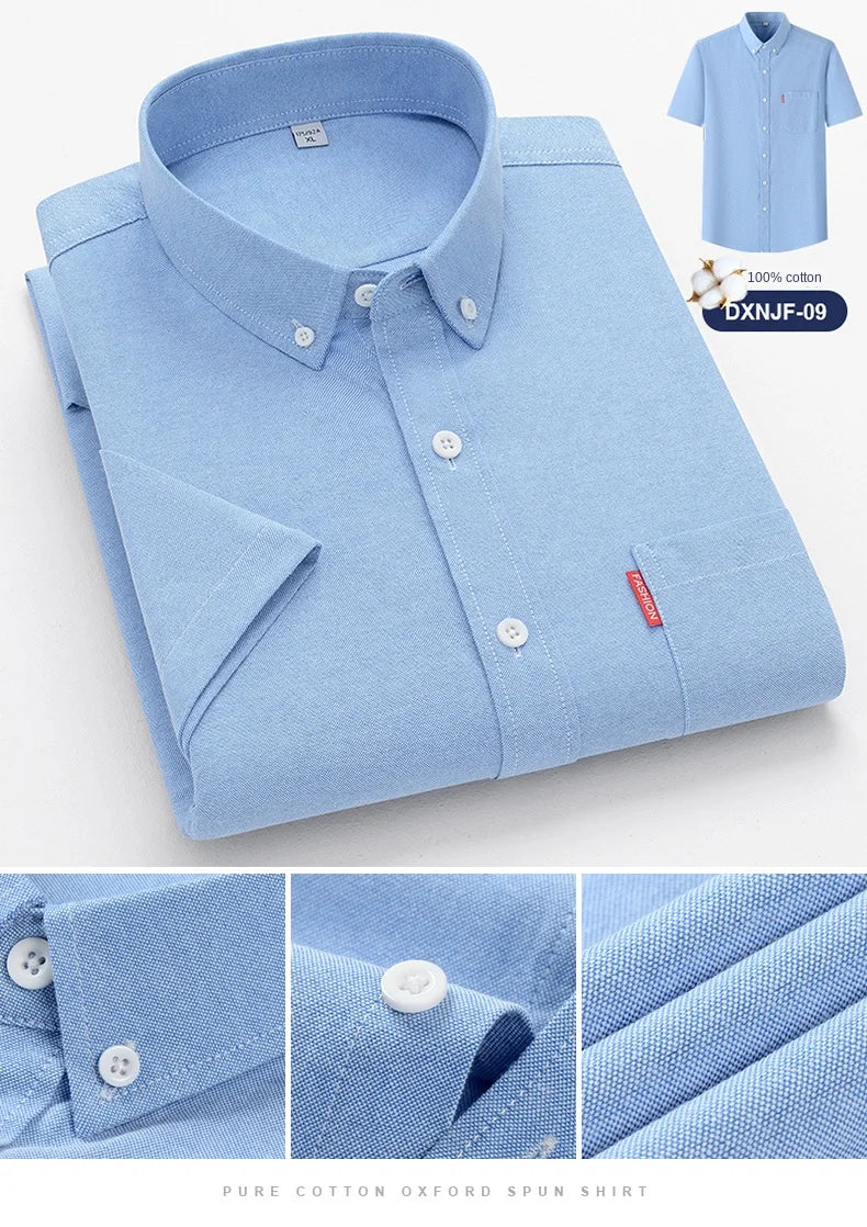 Men's Summer Shirts Short Sleeve 100% Cotton Luxury Oxford White Yellow Red Business Formal Dress Shirt Big Size 5XL