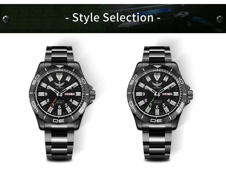 YELANG V1036 42mm Men's Quartz Watch Luminous Display Japan Movement 30ATM Waterproof Stainless Steel Band with Luminous Hands