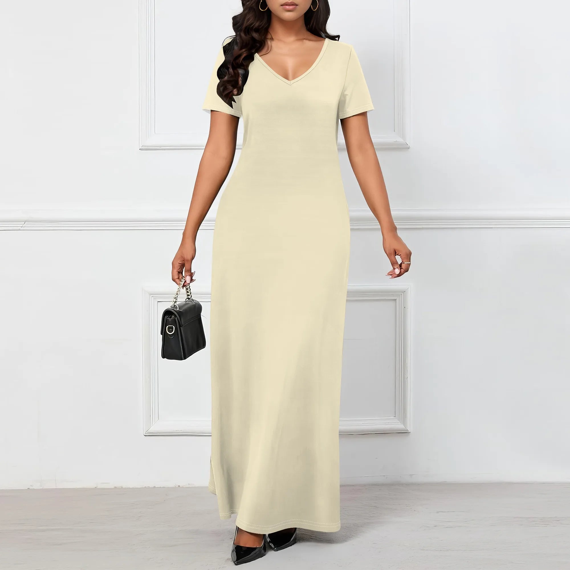 Women's Casual Short Sleeve Sexy V Neck Solid Color T Shirt Maxi Dress Summer Beach Swing Sundresses with Pockets