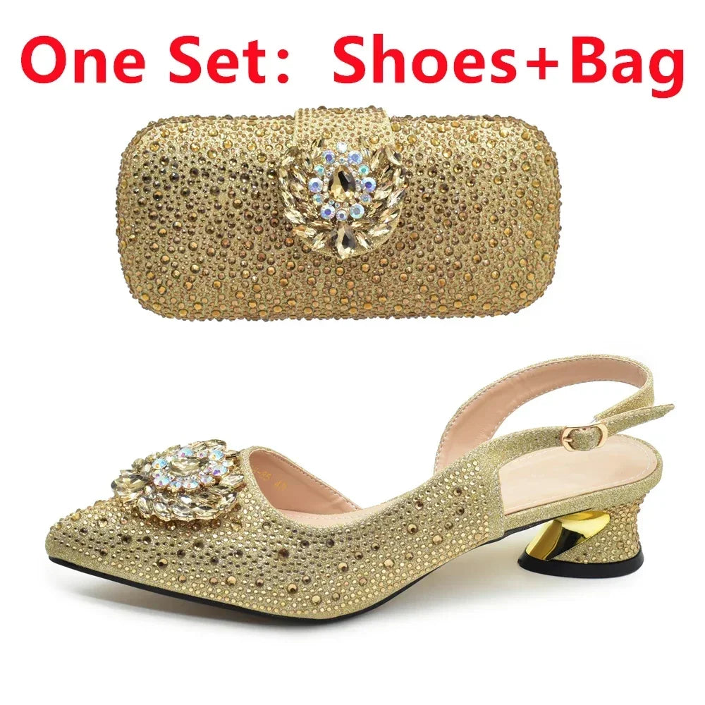 New Fashion Shoes Matching Bag Set Decorated with Crystal Ladies Wedding Party Women High Heel Pumps Luxury Rhiinestone Shoes