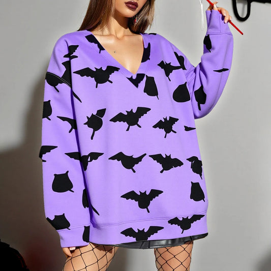Autumn Winter Hoodies 2025 Women's Punk Bat Print Long Sleeve V-Neck Comfortable Loose Fit Halloween Hoodies
