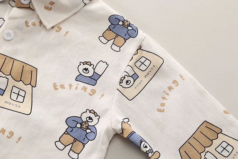 Herfst kinderkledingset kinderen schattige cartoon beer shirt + effen overall jongens 2 stuks dunne stijl outfit 1-3 jaar unisex