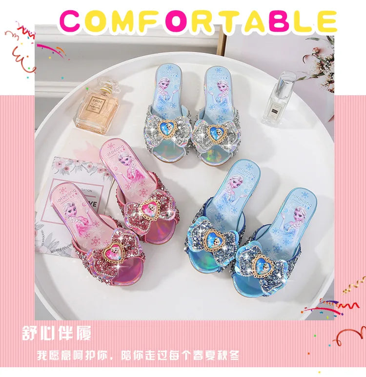 Zomersandalen voor meisjes, modieuze slippers met pailletten, prinsessenschoenen voor kinderen, hoge hakken, feestjurken, Elsa-schoenen, leren slippers voor meisjes