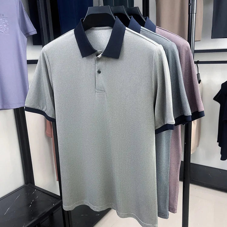 Men’s Breathable Polo Shirt – Stretch Fabric & Striped Design for Office/Casual Use Elastic Comfort and Classic Collar M-4XL