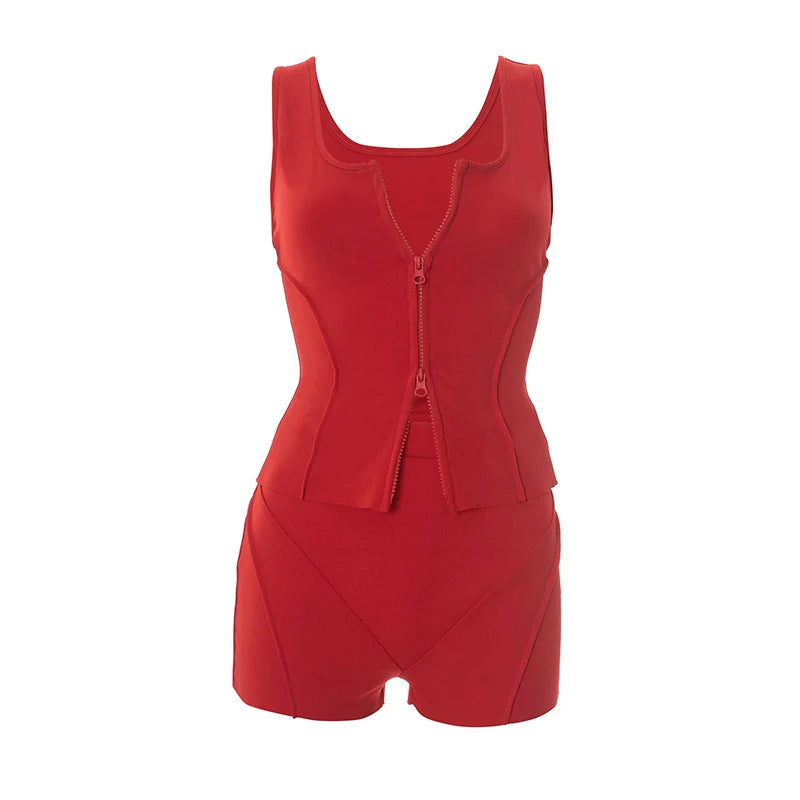 Casual Women 2 Piece Set Stretch Double Zip Tank Tops + Shorts Matching Patchwork Simple Basic Streetwear Tracksuit