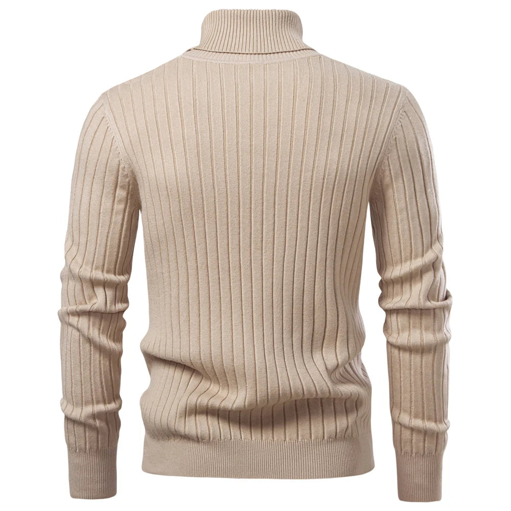 Men's Turtleneck Sweater Solid Colour With Striped Pullover Warm Knitwear Winter Casual High Quality Male Sweater