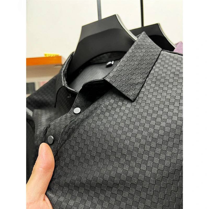 Men's Summer Luxury and Fashionable Casual Waffle Short Sleeve Polo Shirt, Lapel, Ice Silk, and High-End Breathable T-Shirt