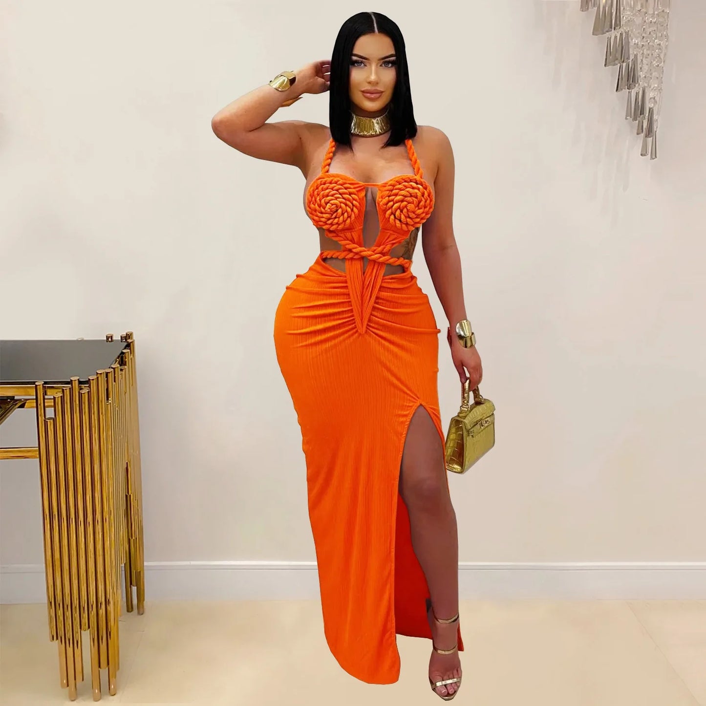 Bohemia Knitted Women Maxi Dress 2025 Summer Halter Lace Up Backless Split Sheath Vestidos Beach Vacation Robe