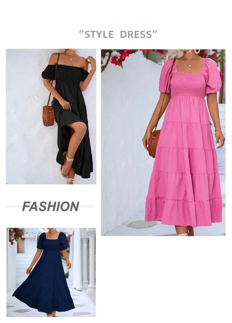 Dresses For Women  Streetwear Plus Size Square Neck Backless Puff Sleeve Pleated Short Sleeve Dress