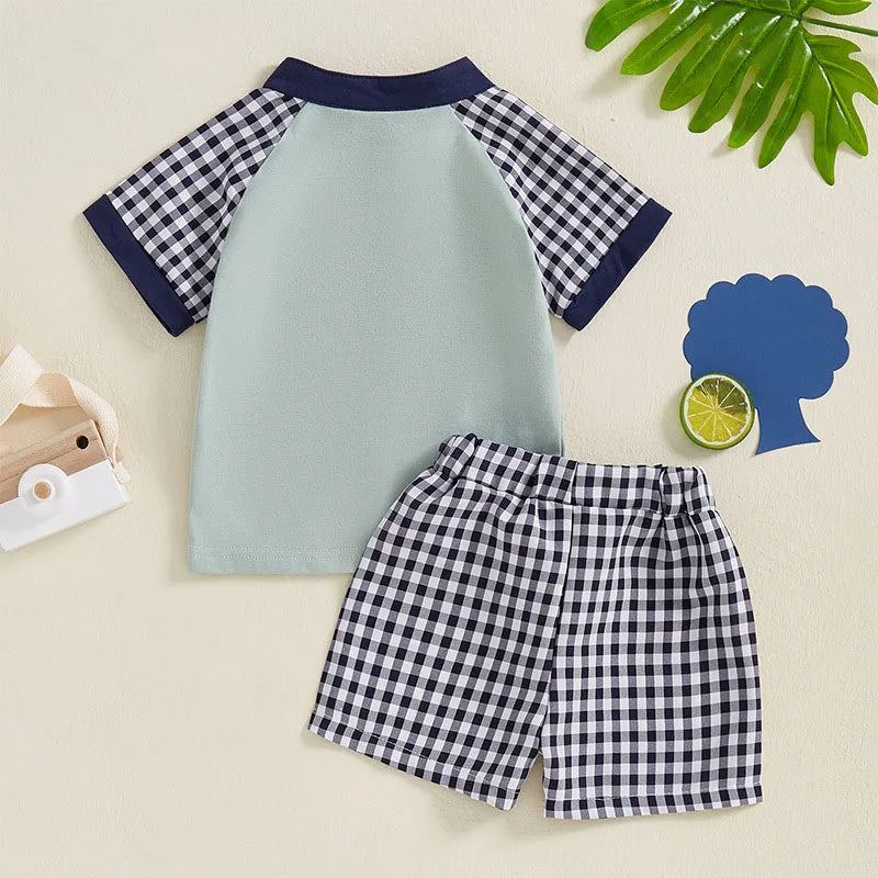 New Summer Kids Clothes Set Boys Girls Cute Patchwork Tops + Grid Short Children Casual Suit 2PCS 1-3Y Unisex