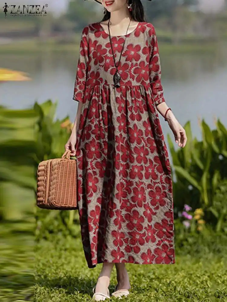 Bohemian Floral Printed Dress Autumn Long Sleeve O-Neck Maxi Robe Woman Casual Holiday Sundress Elegant Party Vestidos