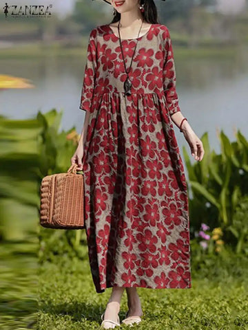 Bohemian Floral Printed Dress Autumn Long Sleeve O-Neck Maxi Robe Woman Casual Holiday Sundress Elegant Party Vestidos