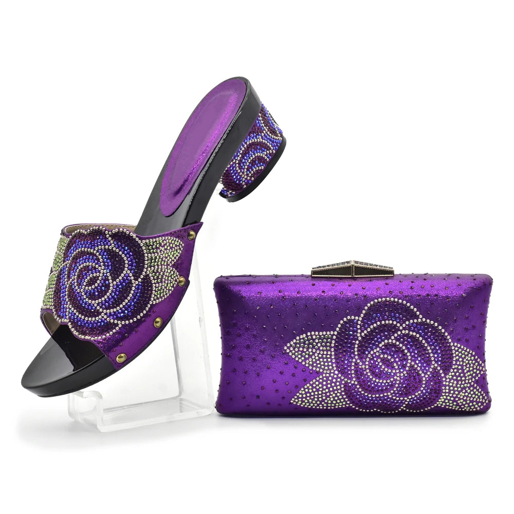 Women's Italian Shoes with Matching Bags Set Decorated with Rhinestone Open Toe Ladies' Slippers Shoes