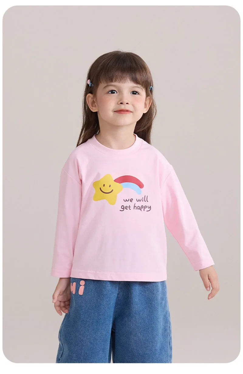 New Spring Girls Boys Cute T-shirt Kids Cartoon Letter Star Flower Undershirts Children Thin Style Bottoming Shirt 7T Unisex