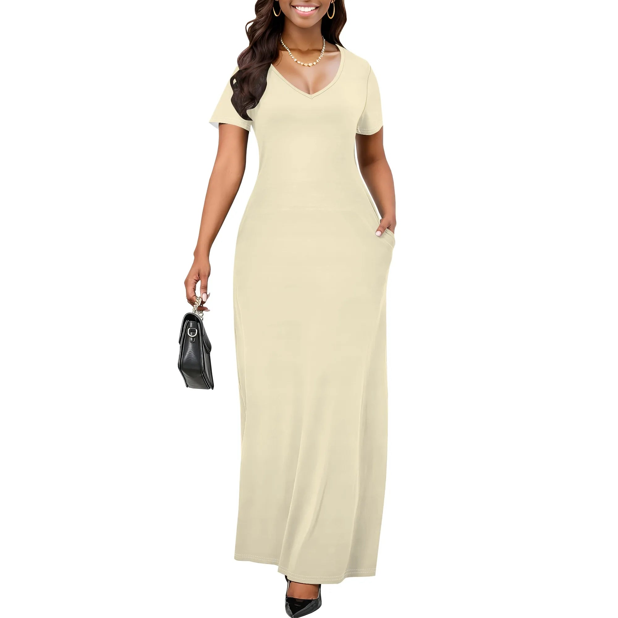 Women's Casual Short Sleeve Sexy V Neck Solid Color T Shirt Maxi Dress Summer Beach Swing Sundresses with Pockets