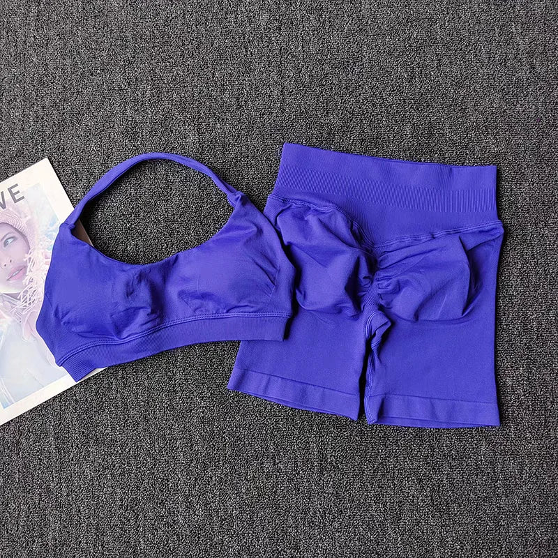 2-delige yogapak voor vrouwen Naadloze fitnesskleding Halter sportbeha Bijpassende impact shorts Trainingssets Gymset Outfit