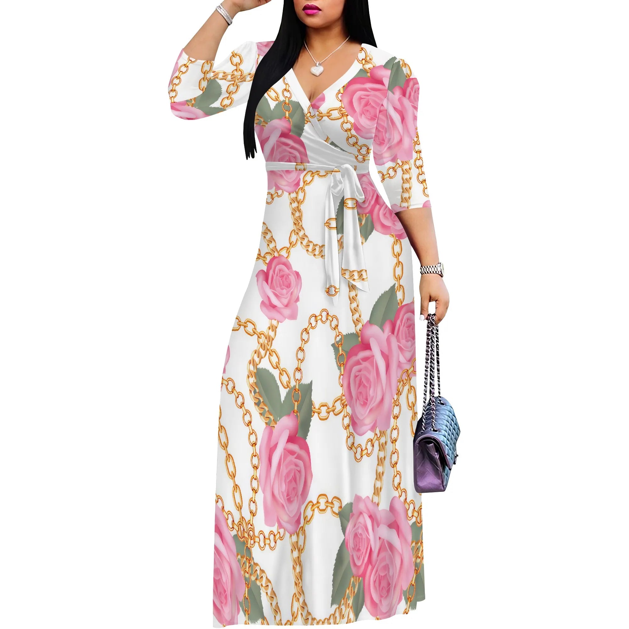 White Chain Rose Print Maxi Dress Women Elegant Floral Belted V Neck Summer Fashion