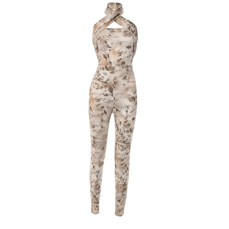 Cross Halter Jumpsuit Women Summer Foliage Print Backless Sleeveless Stretch Fitness Activity Streetwear Overalls