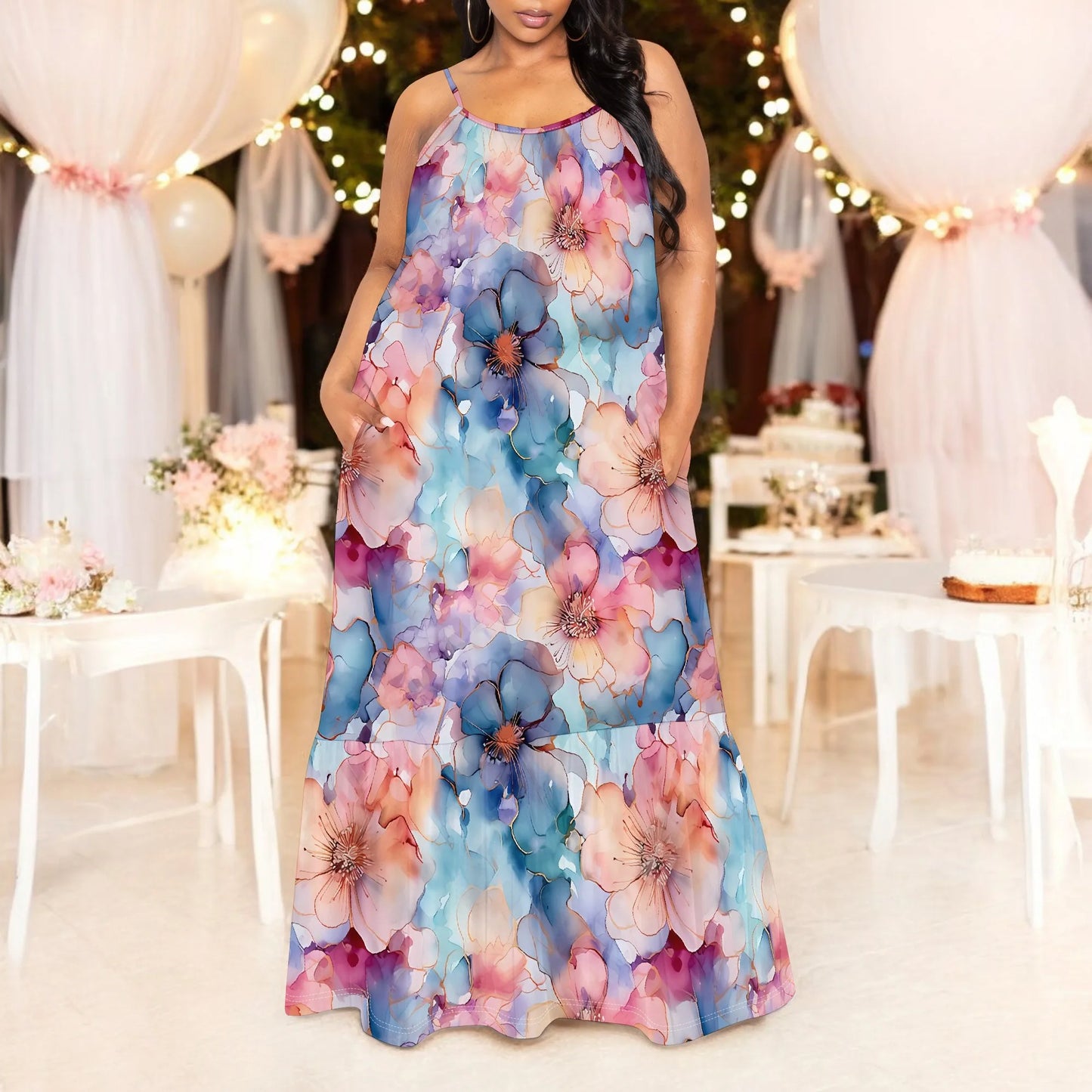 Watercolor Floral Print Sleeveless Maxi Dress Women Casual Beach Style Spaghetti Strap Outfit
