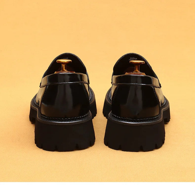 Cow Leather British Loafers Men Glossy Leather Business Casual Heightening Shoes - Non-Slip Tire Soles Dress and Round Toe Shoes