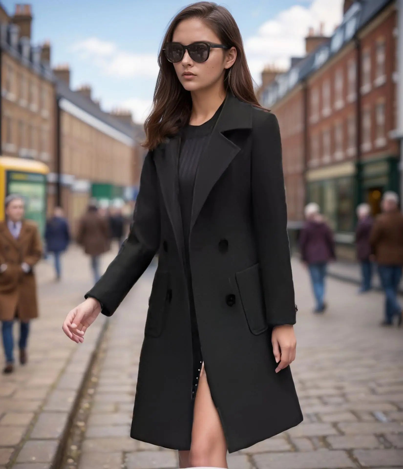 2024 Autumn Winter Women Long Woolen Coats Double Breasted Female Solid Color Slim Fit Outerwear Turn-down Collar Streetwear